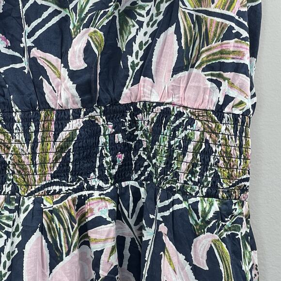 Vineyard Vines Navy Blue Floral Ruffle Midi Tank Dress Size L Smocked - Picture 4 of 12